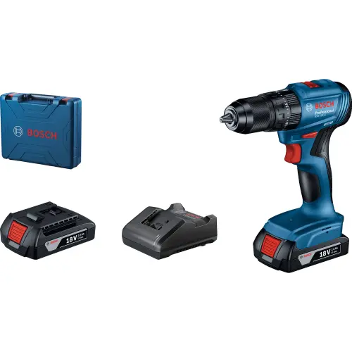 Masina de gaurit si insurubat (bormasina) pe acumulator cu percutie Bosch Professional 06019K3100, 18 V, 1900 RPM, 21/50 Nm, 20+2 trepte torsiune, 35 mm diametru maxim gaurire, 2 acumulatori 2 Ah, incarcator, valiza profesionala
