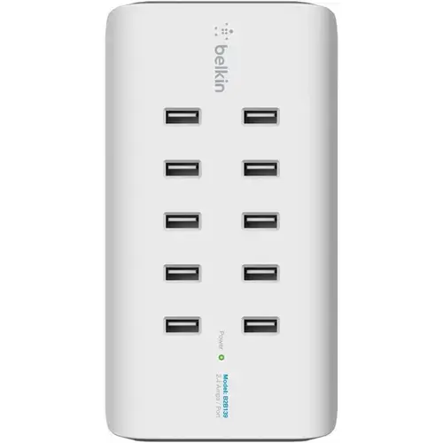 Incarcator retea Belkin Rockstar, 120W, 10 x USB 2.0, incarcare rapida, protectie supra-tensiune (Alb)