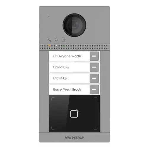 Post de exterior videointerfon IP Hikvision DS-KV8413-WME1(C); WIFI; 4 x buton de apelare( pentru o singura familie- permite apelarea a mai multor monitoare de interior); camera video 2MP True WDR ( unghi vizualizare: Horizontal: 124° Vertical: 75°)