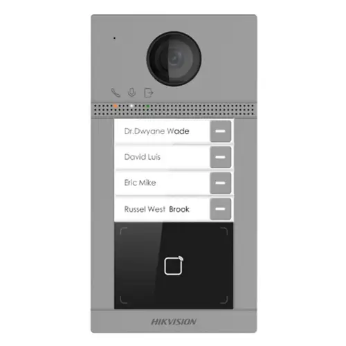 Post de exterior videointerfon IP Hikvision DS-KV8413-WME1(C); WIFI; 4 x buton de apelare( pentru o singura familie- permite apelarea a mai multor monitoare de interior); camera video 2MP True WDR ( unghi vizualizare: Horizontal: 124° Vertical: 75°)
