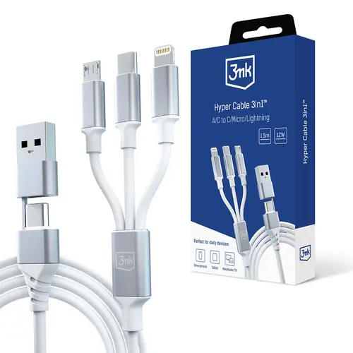 Cablu Date si Incarcare USB-A / USB-C - Lightning / microUSB / USB-C 3MK Hyper, 12W, 1.5m, Alb