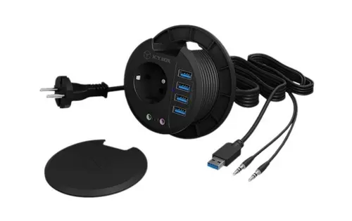Hub USB IcyBox IB-HUB1430, 4 Porturi USB 3.0, Priza Schuko, Audio In/Out (Negru)