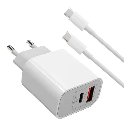 Incarcator Retea Lemontti LIRFCQCPD20WA, 20W, Fast Charge, 1 x PD Type-C + 1 x USB-A Quick Charge 3.0, cablu Type-C-Type-C 20W, 1m (Alb)