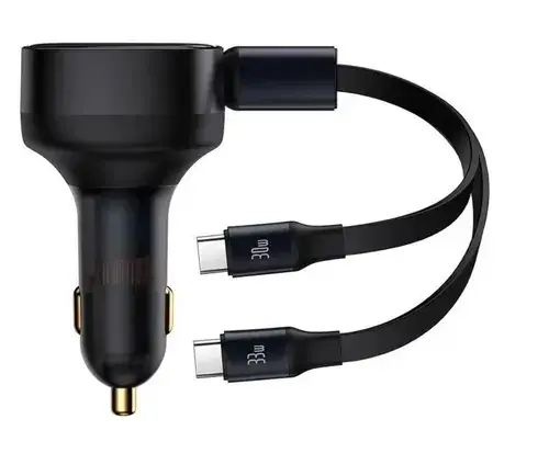 Incarcator auto Baseus Enjoyment, 33W, cu cablu retractabil 2xUSB-C (Negru)