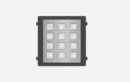 Modul de extensie videointerfon cu tastatura Hikvision DS-KD- KP/S, permite formarea codului de apartament sau a codului de acces; montaj aplicat sau ingropat (accesoriile de montaj nu sunt incluse); iluminare pe timp de noapte; protectie: IP65, IK7