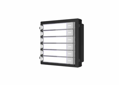 Modul de extensie videinterfon cu sase butoane de apelare Hikvision DS-KD-KK; montaj aplicat sau ingropat (acesoriile de montaj nu sunt incluse), customizare afisare nume; iluminare pe timp de noapte; Conectare RS-485, 1 x Input; 1 x Output