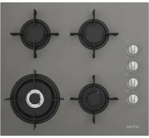 Plita incorporabila Arctic ARSGW64120SMG, Gaz, 4 Arzatoare, Aprindere electrica, Siguranta, Arzator Wok, Sticla (Gri)