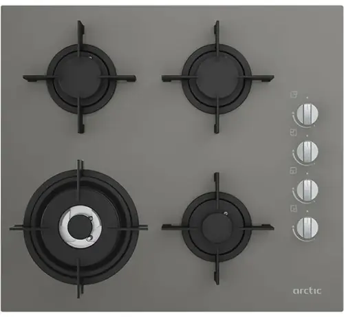 Plita incorporabila Arctic ARSGW64120SMG, Gaz, 4 Arzatoare, Aprindere electrica, Siguranta, Arzator Wok, Sticla (Gri)