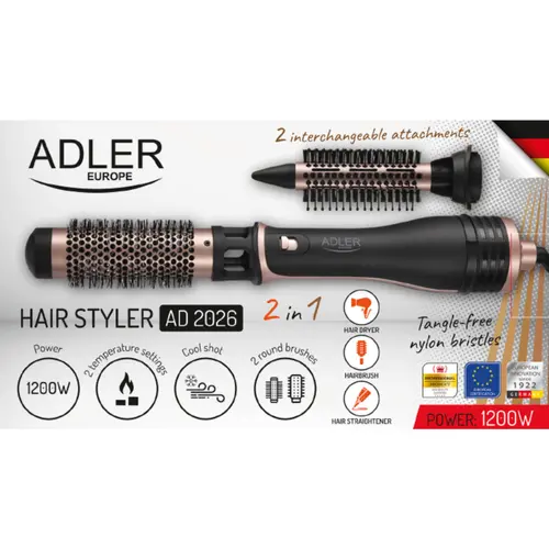 Ondulator-uscator de par Adler AD2026, 2 in 1, Ceramica, 1200W (Negru/Roz)