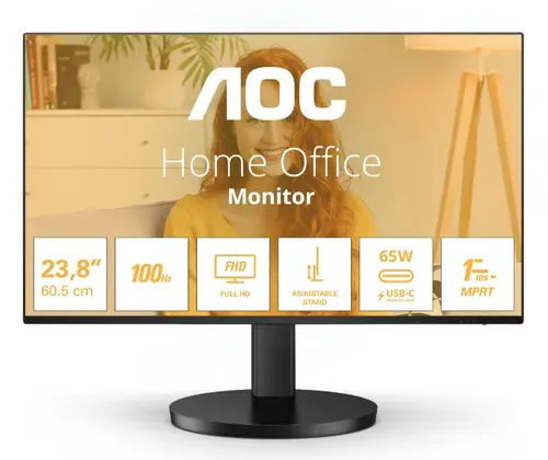Monitor IPS LED AOC 23.8inch 24B3CF2, Full HD (1920 x 1080), HDMI, Boxe, 100 Hz, 1 ms (Negru)