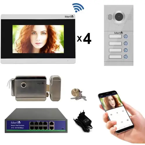 Kit Interfon Video 4 familii wireless WiFi IP65 1.3MP 7 inch Color 3in1 POE RJ45 Mentor SYKT031