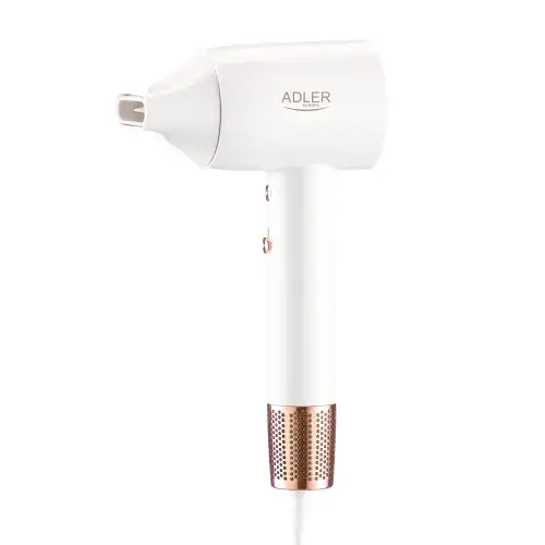 Uscator de par Adler AD 2272, 110.000 RPM, 1800W, afisaj LED, flux aer 20 m/s, 3 setari temperatura, 2 trepte viteza, nivel zgomot 67 dB, tehnologie ionizare, concentrator magnetic (Alb/Auriu)