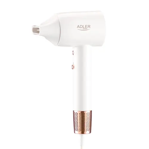 Uscator de par Adler AD 2272, 110.000 RPM, 1800W, afisaj LED, flux aer 20 m/s, 3 setari temperatura, 2 trepte viteza, nivel zgomot 67 dB, tehnologie ionizare, concentrator magnetic (Alb/Auriu)
