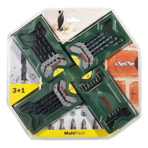 Set 46 accesorii Bosch Mini-X-Line 3+1, suport universal, biti, burghie pentru zidarie, metal si lemn