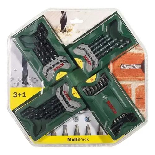 Set 46 accesorii Bosch Mini-X-Line 3+1, suport universal, biti, burghie pentru zidarie, metal si lemn