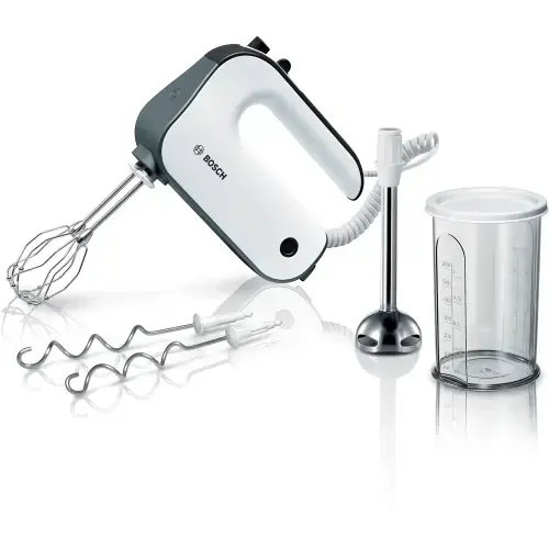 Mixer de mana Bosch MFQ49700, 850 W, 5 trepte de putere, functie turbo, Vas gradat , picior blender cu cutit cu 4 lame din otel inoxidabil, Alb