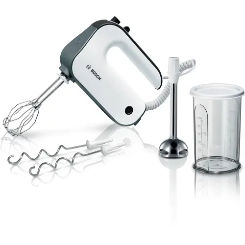 Mixer de mana Bosch MFQ49700, 850 W, 5 trepte de putere, functie turbo, Vas gradat , picior blender cu cutit cu 4 lame din otel inoxidabil, Alb