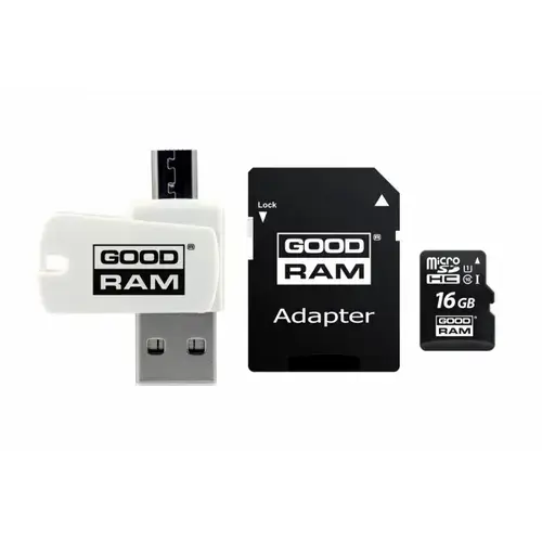 Pachet Card de memorie All in One Goodram M1A4-0160R12, 16GB, microSDHC, Clasa 10, UHS-I U1, Adaptor SD inclus, Cititor OTG