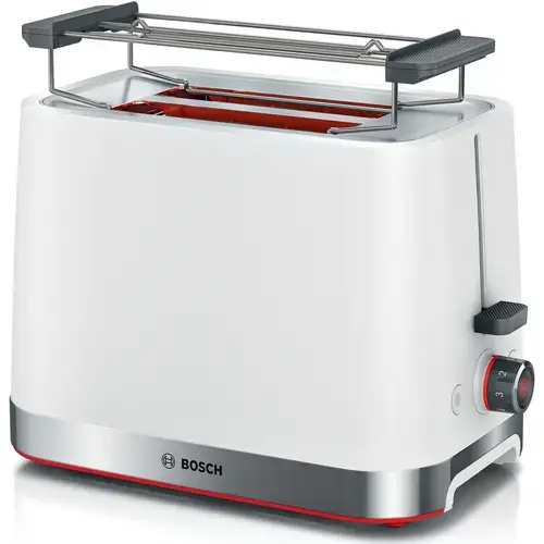 Prajitor de paine compact Bosch TAT4M221, setari pt decongelare si incalzire, suport pt incalzire chifle, high lift, oprire automata, rumenire uniforma, fara BPA pt elemente plastic, Alb