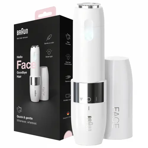 Mini aparat pentru indepartarea parului facial Braun FACE FS1000, pe baterii, Alb