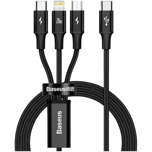 Cablu de date Baseus 3 in 1, USB Type-C la MicroUSB+Lightning+Type-C, PD 20W, 1.5m, Negru