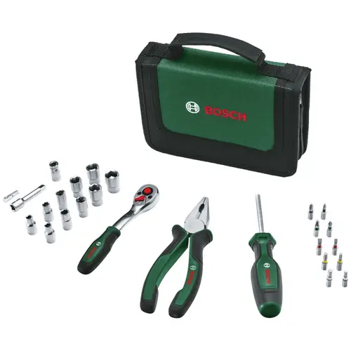 Set 26 scule de mana Bosch Mobility 1600A02BY2, cleste patent, surubelnita cu clichet, surubelnita universala, biti, adaptori biti, racorduri
