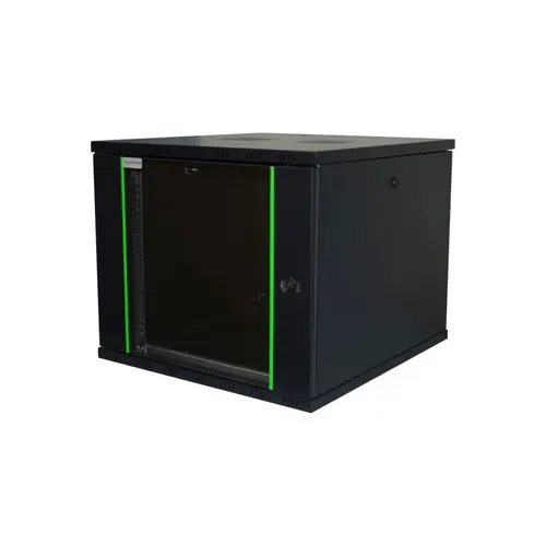 Rack 19'' 12U 600x450 DECKRO RAL9005 D-META-2, de perete, usa din sticla, panouri detasabile si securizate, dezasamblat, capacitate 100kg