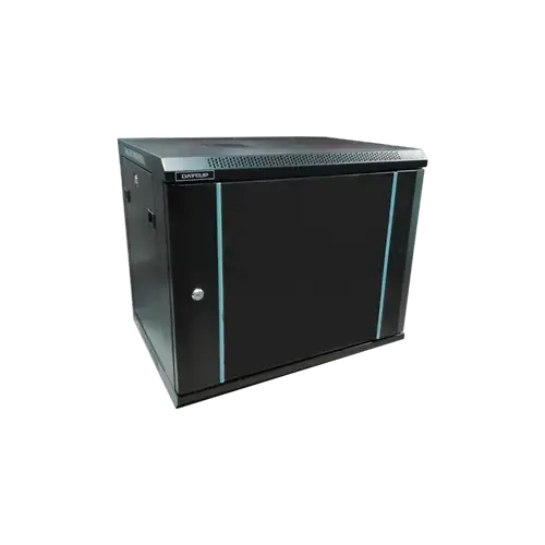 Rack 9U 600x600 DATEUP RAL 9004, dezasamblat, montare pe perete, usa din sticla, panouri laterale detasabile si securizate