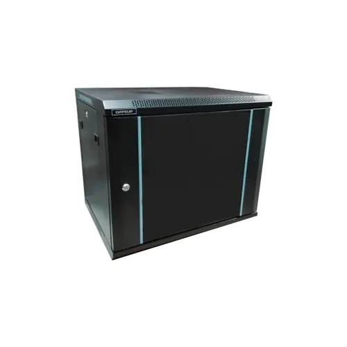 Rack 9U 600x600 DATEUP RAL 9004, dezasamblat, montare pe perete, usa din sticla, panouri laterale detasabile si securizate