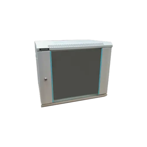 Rack 9U 600x450 DATEUP RAL 7035, montare pe perete, usa din sticla, panouri laterale detasabile si securizate, dezasamblat
