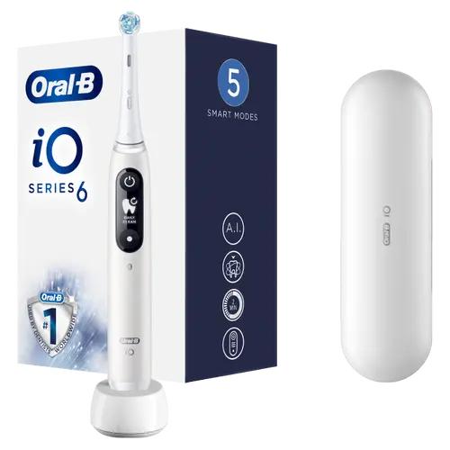 Periuta de dinti electrica Oral-B iO6 cu Tehnologie Magnetica si Micro-Vibratii, Inteligenta artificiala, Display led interactiv, Senzor de presiune Smart, Timer vizibil, 5 moduri, 1 capat, Trusa de calatorie, Alb