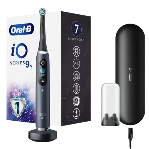 Periuta de dinti electrica Oral-B iO9 cu Tehnologie Magnetica si Micro-Vibratii, Inteligenta artificiala, Display led, Senzor de presiune Smart, Timer vizibil, 7 moduri, 1 capat, Suport rezerve, Incarcator magnetic, Trusa de calatorie cu incarcator, Negr