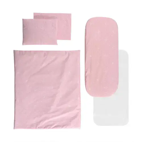 Set lenjerie pentru carucior Lorelli Little Bear Pink, cu protectie impermeabila, 7 piese