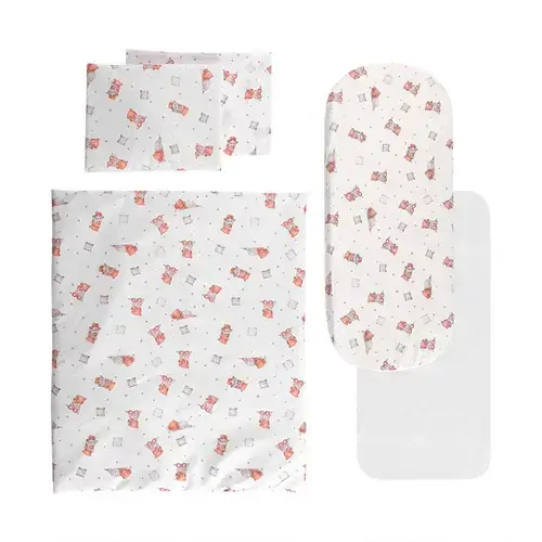 Set lenjerie pentru carucior Lorelli Bears & Pillows Beige, cu protectie impermeabila, 7 piese