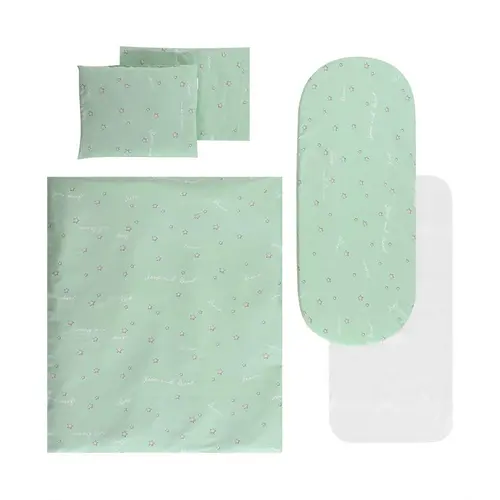 Set lenjerie pentru carucior Lorelli Sleep & Dream Green, universal, cu protectie impermeabila, 7 piese, bumbac fin si delicat