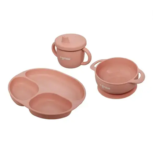 Set 3 piese silicon U-Grow UG-SET15PK, bol, farfurie si cana cu cioc