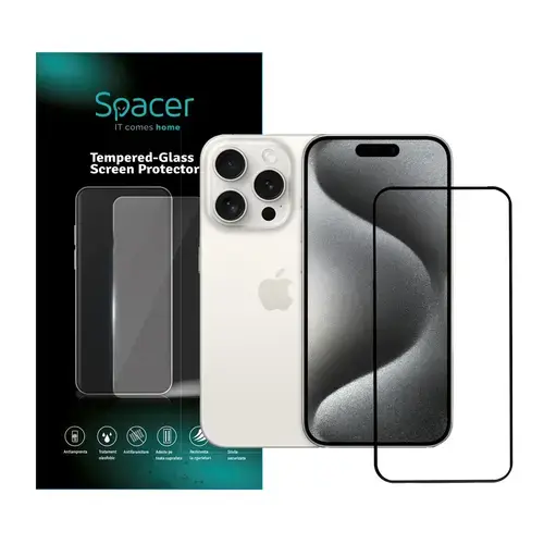 Folie sticla Spacer pentru Iphone 15 Pro Max, grosime 0.3mm, acoperire totala ecran, strat special anti-ulei si anti-amprenta, Tempered Glass, sticla 9D, duritate 9H