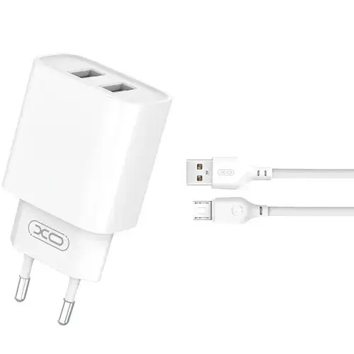 Incarcator Retea Cu Cablu microUSB XO Design CE02C, 10.5W, 2.1A, 2 x USB-A, Alb