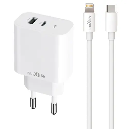 Incarcator Retea Cu Cablu Lightning MaXlife MXTC-06-20AC, 20W, 3A, 1 x USB-A, 1 x USB-C, Alb