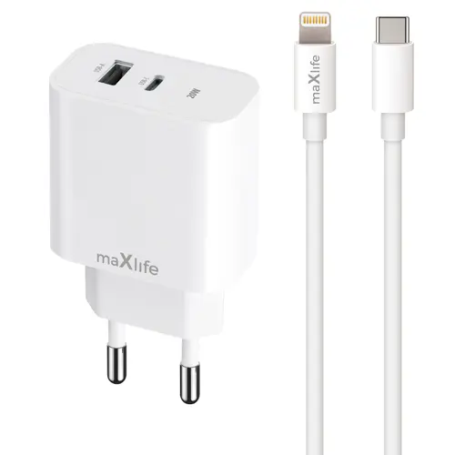 Incarcator Retea Cu Cablu Lightning MaXlife MXTC-06-20AC, 20W, 3A, 1 x USB-A, 1 x USB-C, Alb