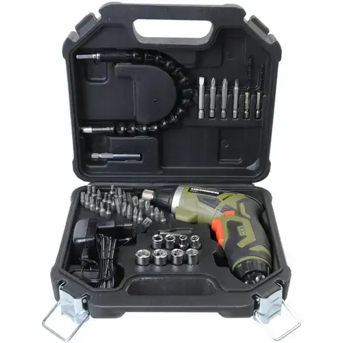 Surubelnita pe acumulator Heinner ATE001, 3.6 V, 4 Nm, 6+1 trepte torsiune, 28 biti 25 mm, 4 biti 50 mm, 2 burghie, 8 capete tubulare, suport magnetic bit, prelungitor flexibil, adaptor, incarcator
