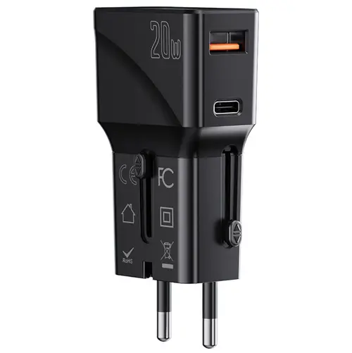 Incarcator Retea Yesido MC17 Travel, 20W, 3A, 1 x USB-A - 1 x USB-C, Negru