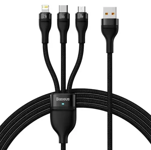 Cablu de date 3in1 Baseus Flash Series 2 CASS040001,  USB - USB-C + micro USB + Lightning, 66W, 1.2m