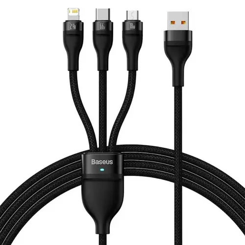 Cablu de date 3in1 Baseus Flash Series 2 CASS040001,  USB - USB-C + micro USB + Lightning, 66W, 1.2m