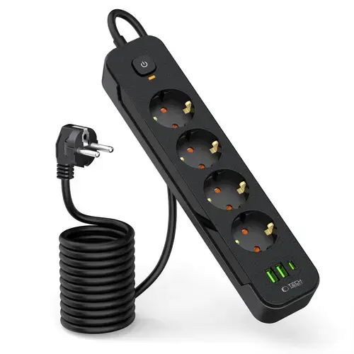 Prelungitor Tech-Protect PCL4X3, 2.1A, 1 x USB-C - 2 x USB-A - 4 x Schuko, Negru
