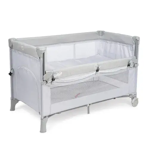 Patut pliant voiaj pentru bebelusi si copii Juju Dreamy Cloud, 2 nivele, portabil, 125x65 cm, etaj intermediar nou-nascuti, laterala culisanta, salteluta, buzunar lateral, geanta transport, Gri