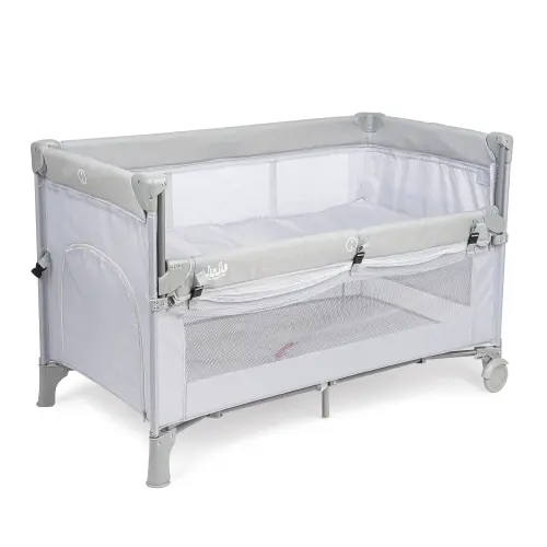 Patut pliant voiaj pentru bebelusi si copii Juju Dreamy Cloud, 2 nivele, portabil, 125x65 cm, etaj intermediar nou-nascuti, laterala culisanta, salteluta, buzunar lateral, geanta transport, Gri
