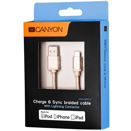 Cablu de date Canyon CNS-MFIC3GO, Lightning, metalic, 1 m