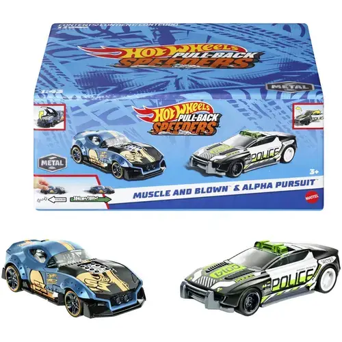 Set 2 masinute metalice Hot Wheels Pull Back- Muscle And Blown si Alpha Pursuit 1:43