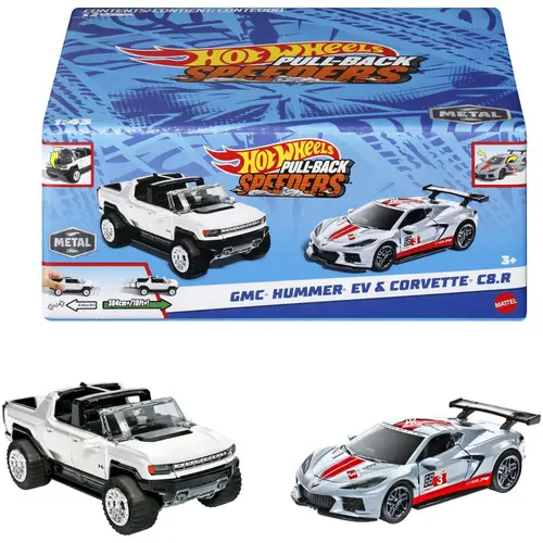 Set 2 masinute metalice Hot Wheels Pull Back- Gmc Hummer Ev si Corvette C8R 1:43